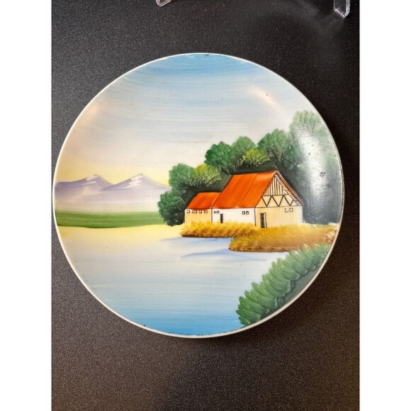 Vintage Hand Painted Cottage Scene Plate 8" Japan Landscape Wall Art - Picture 2 of 5